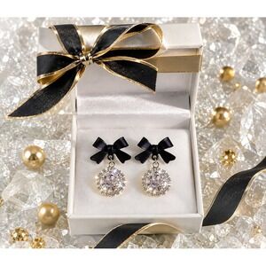Black Bow Crystal Drop Earrings Dainty Coquette Bow Rhinestone Studs Gold‎ Tone